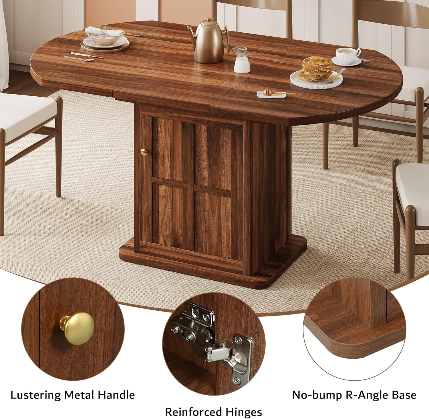 iPormis Round Dining Table for 4-6, 59'' Extendable Dining Room Kitchen Table with 2-Tier Storage Shelf, Wood Dinner Table with Door, Sturdy Pedestal Base, Space Saving, Kitchen, Dining, Walnut