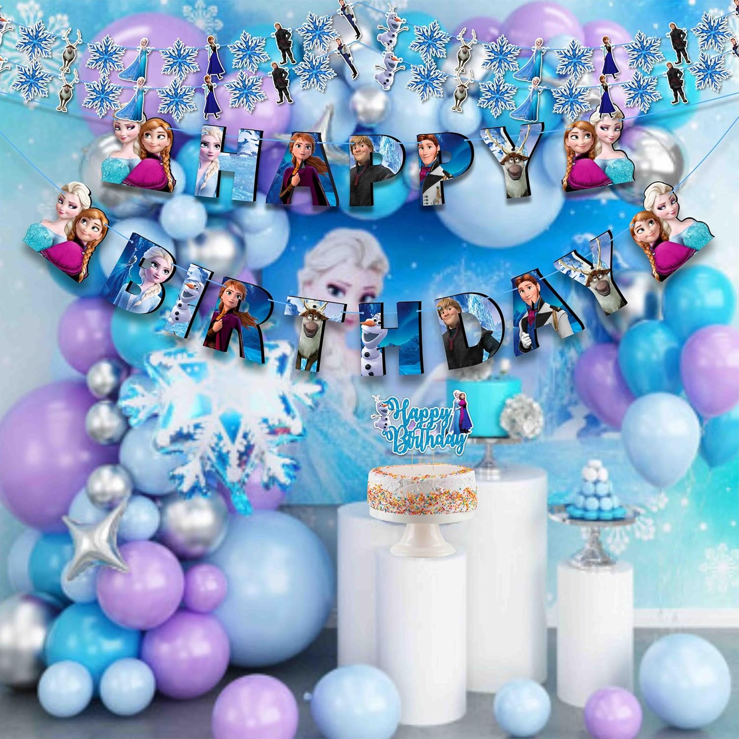 Frozn Theme Birthday Party Supplies - Decoration Set for Girls Celebration, Ice Princess Party Décor Kit with Banner, Cake Topper, Cupcake Toppers and Table Decorations for Home Event Setup