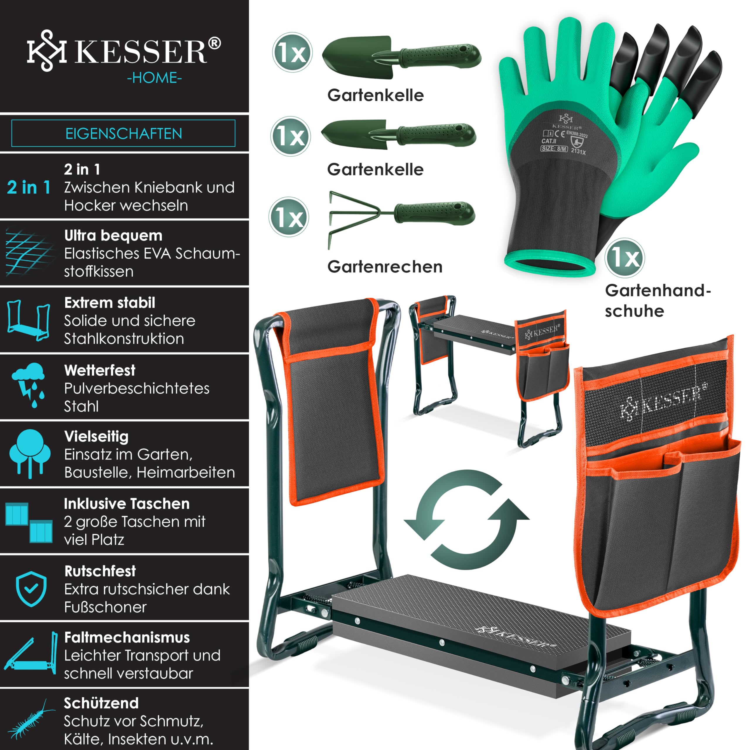 KESSER® 2 en 1 XXL Genouillère de Jardin Rembourrée Coussin d'assise avec 2X Trousses à Outils Banc de Jardin Réglable en Hauteur 60 x 50 x 27 cm jusqu'à 150 kg, Anthracite Orange