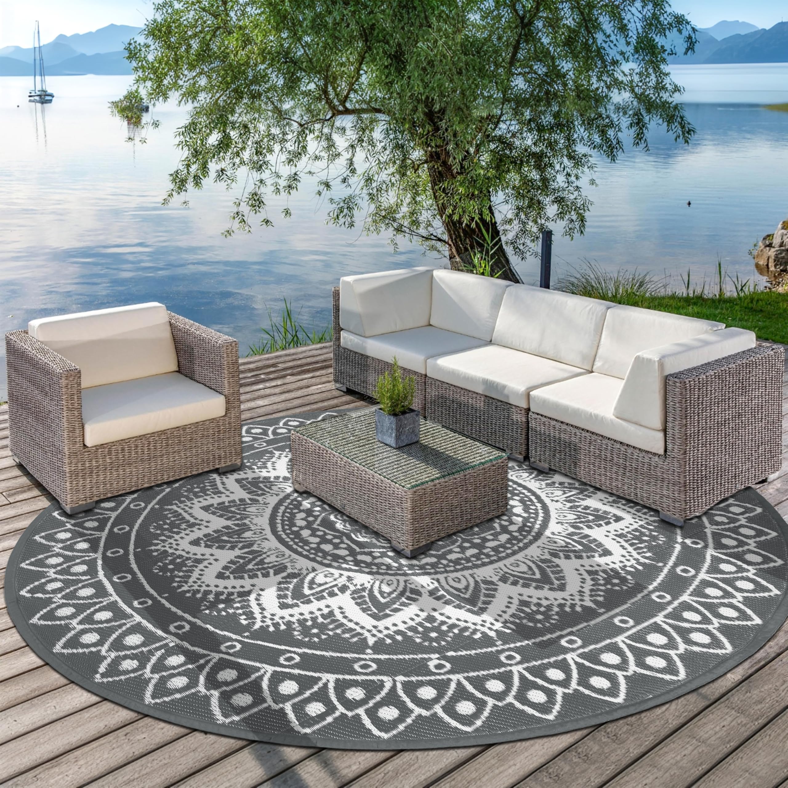 Tappeto da esterno rotondo 240cm reversibile impermeabile pieghevole bohémien Grigio/Bianco