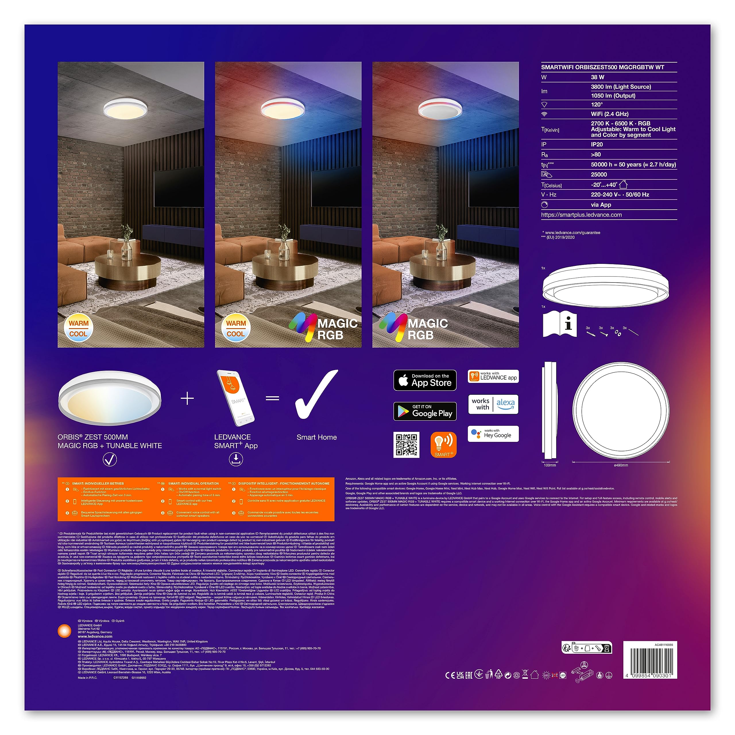 LEDVANCE SMART + WIFI LED Deckenleuchte, weiß, 32W, 3400lm, Weißlichtfunktion, dimmbar, dynamischer Magic-RGB Lichteffekt, lange Lebensdauer, einfache Montage, App-steuerbar, 2700-6500K