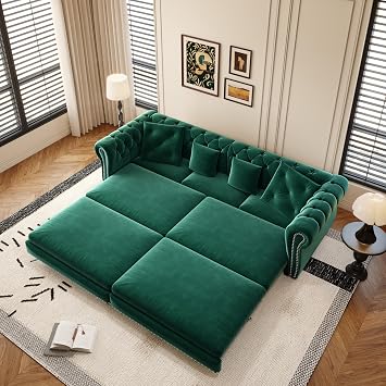 Queen Sleeper Sofa Bed with Movable Ottoman, 3 in 1 Convertible Sectional with Pull Out Bed with Mattress, Comfy Velvet Tufted Chesterfield Sofa, Mid Century Modern Couches Living Room Emerald Green