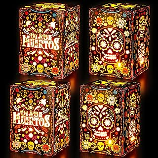 Erweicet Day of The Dead Decorations 24pcs Sugar Skull Paper Candles Holders Boxes with