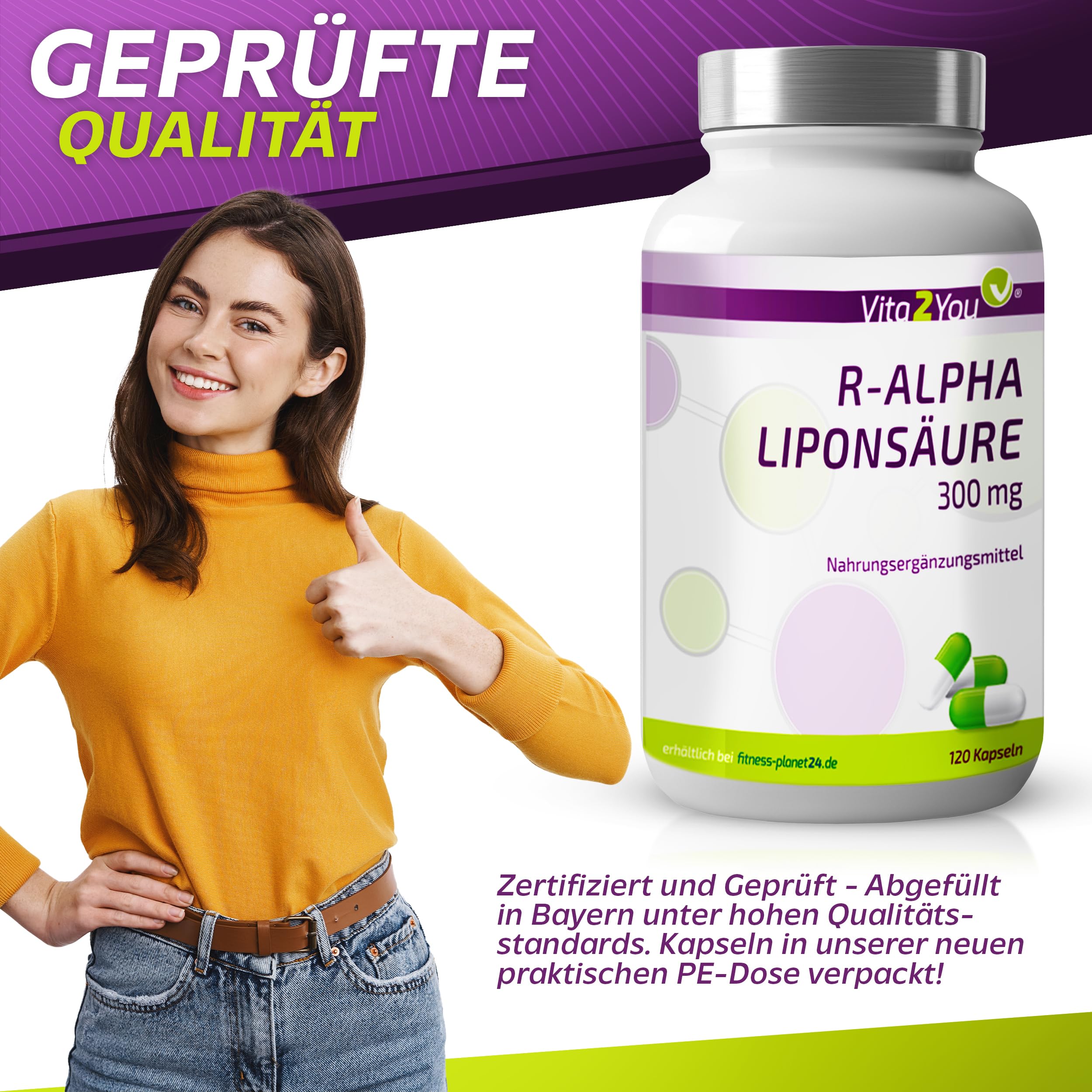 Vita2You R - Alpha Liponsäure 300mg - 120 Kapseln - Hohe Bioverfügbarkeit durch R-Form - Hochdosiert - Vegan - Premium Qualität
