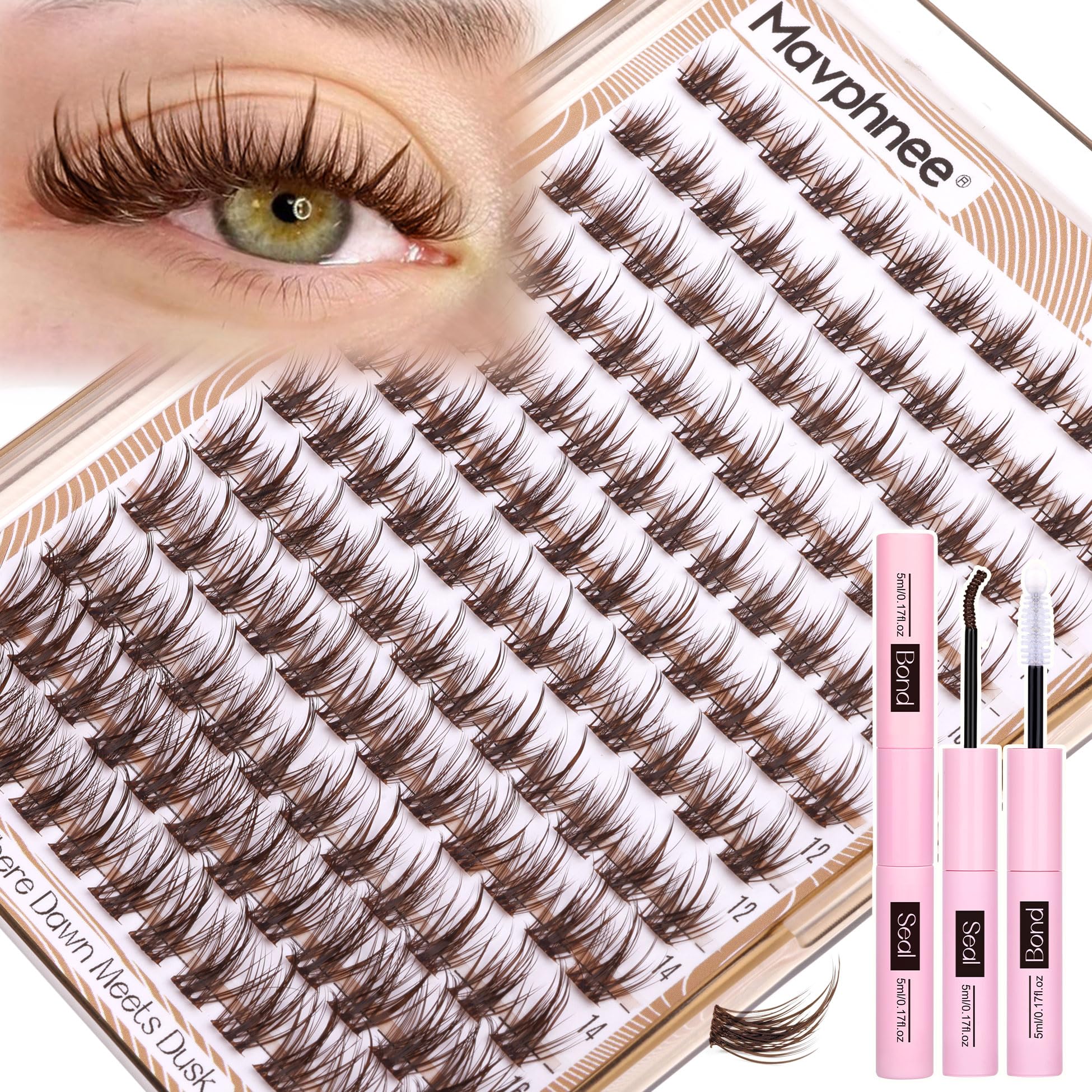 Brown Lash Clusters Kit Wispy Eyelash Extensions Kit Fairy Dark Brown Individual Lashes with Lash Bond and Seal 8-16MM C-Curly Clean Girl Beauty