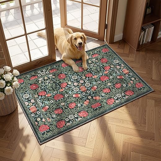 GarveeHome Green and Red Vintage Floral Small Rug 2x3 Door Mat Indoor Rugs for Entryway Washable Non-Slip TPE Backing Soft Low-Pile Rugs for Bathroom Bedroom Kitchen Entrance