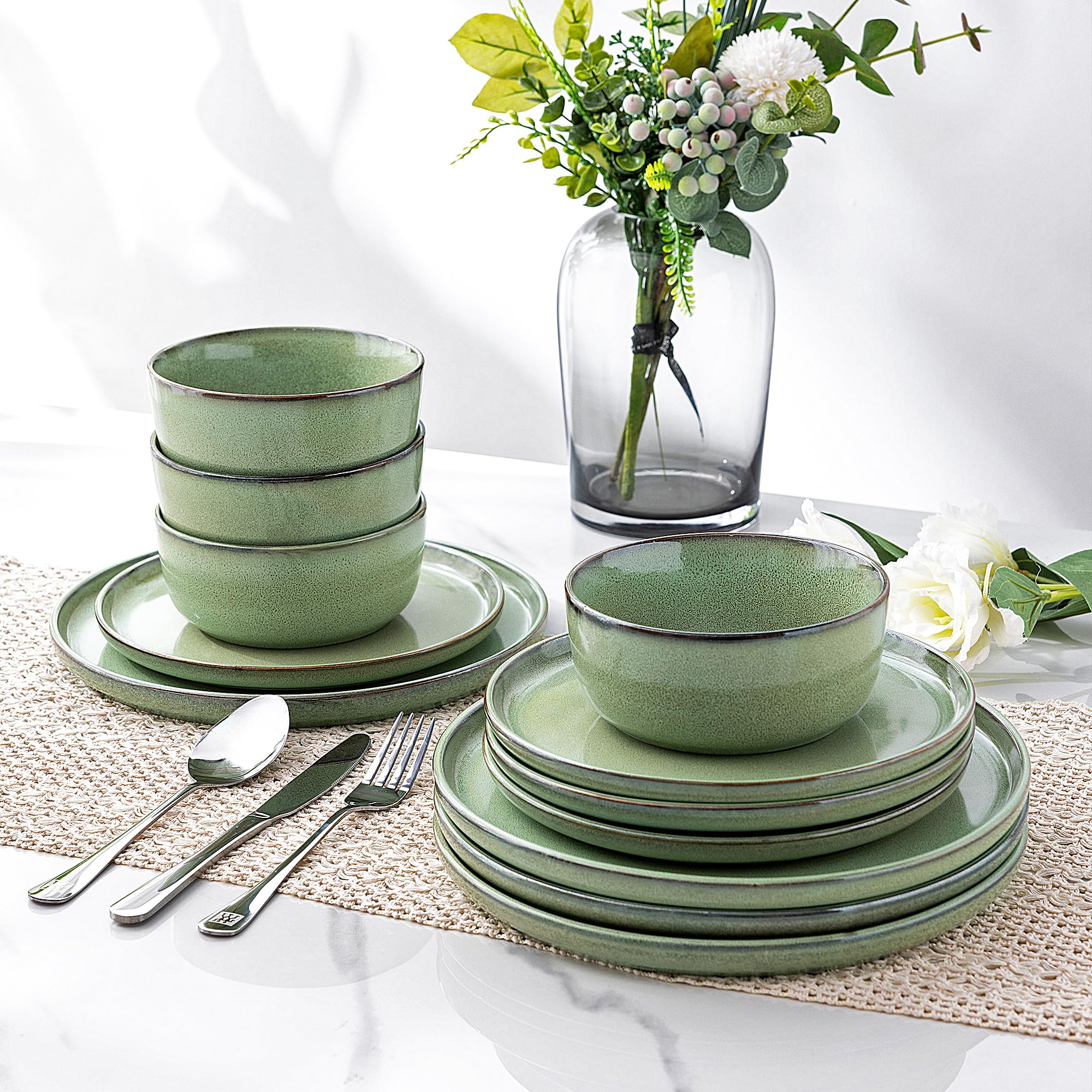 GBhome GDW067GN-EU - Vajilla para 4 personas, 12 piezas, esmaltado de loza, apto para microondas y lavavajillas, color verde pastel