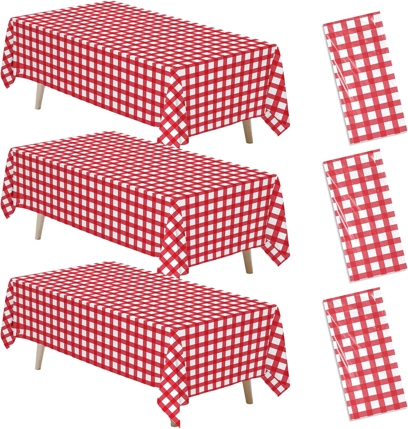 Srua Don Red Gingham Party Tablecloth Decorations, 3 Pack Disposable White and Red Checkered Plaid Party Table Cover Supplies for Birthday Crawfish Boil Baby Shower Bridal Wedding, 86in x 55in