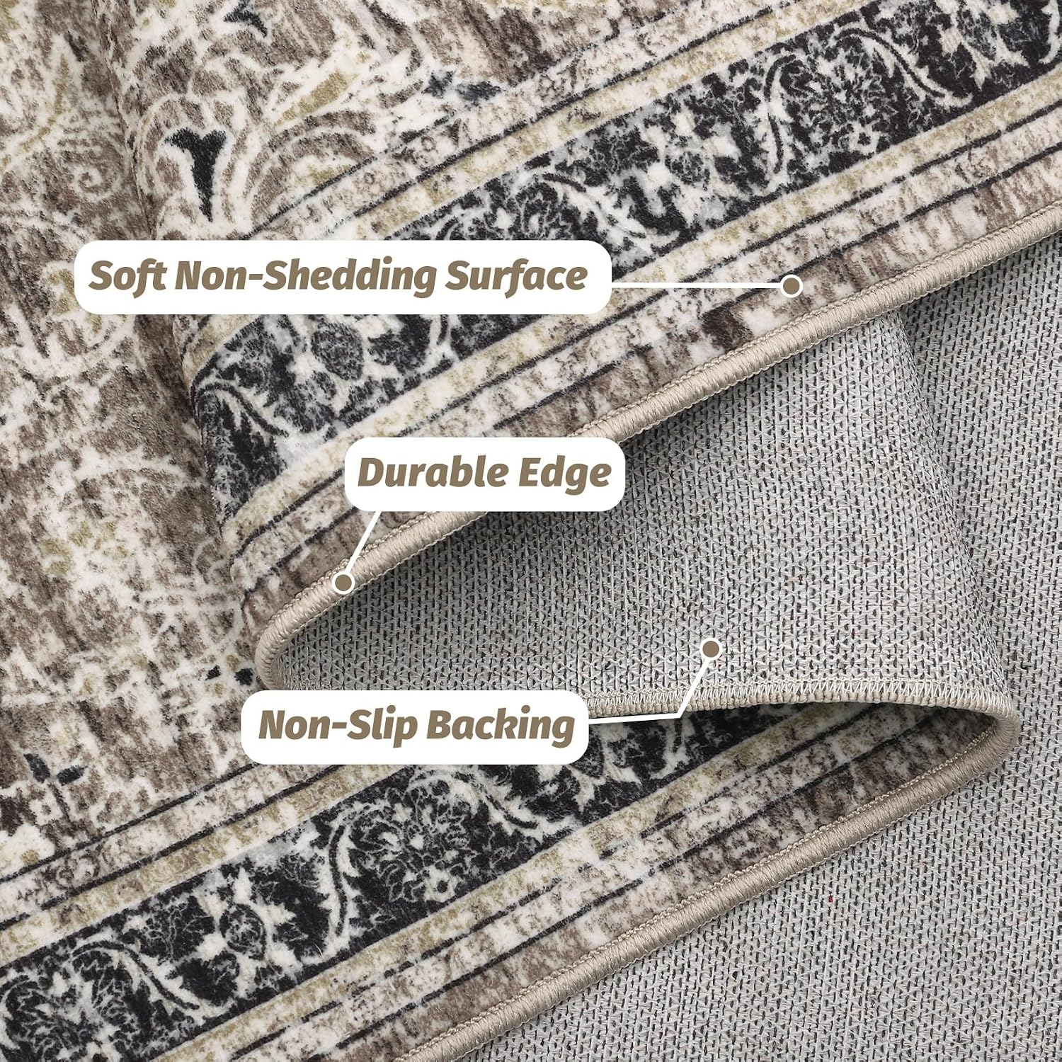 8x10 Living Room Rug Washable, Soft Vintage Floral Large Area Rugs for Bedroom Classic Retro Indoor Floor Carpet, Low Pile Non-Slip Farmhouse Rugs for Living Room Dining Room, Brown/Taupe