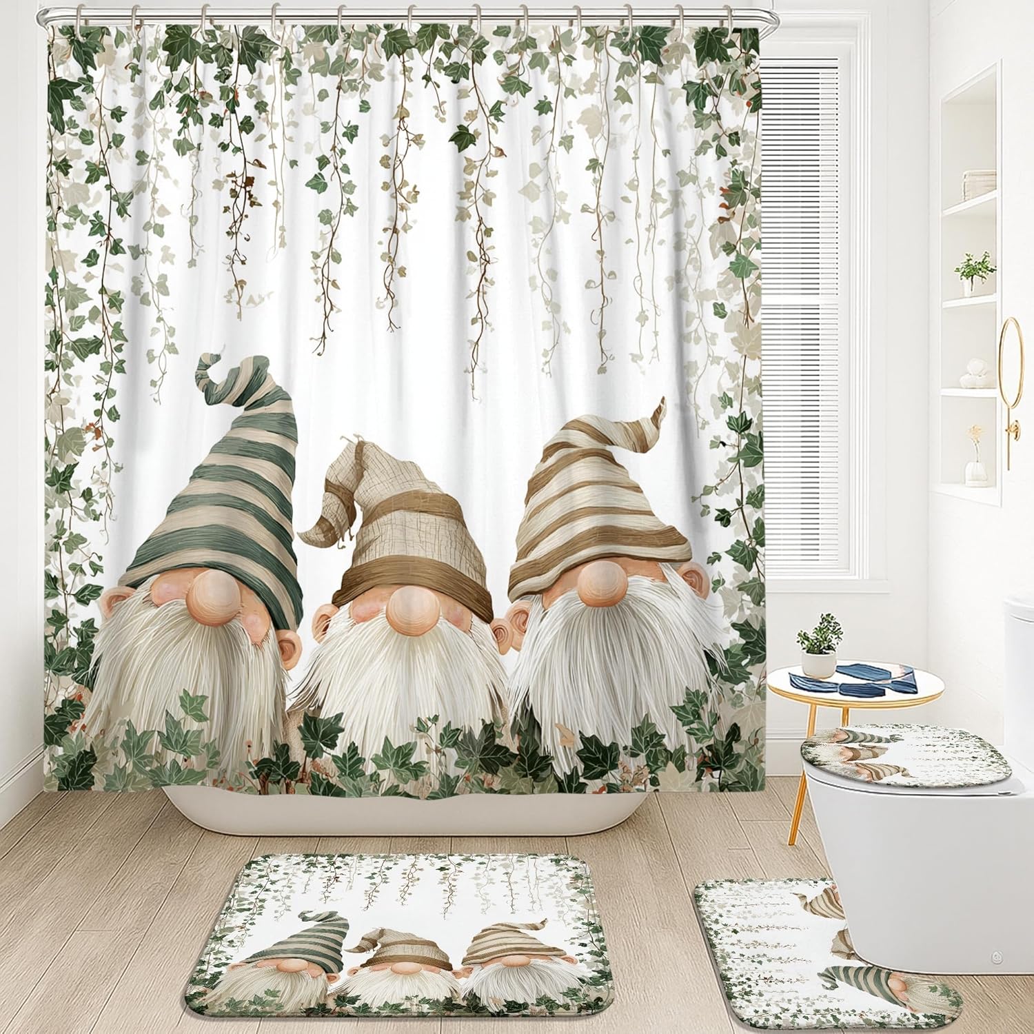 4Pcs Gnome Shower Curtain Set, Green Beige Cute Gnome Bath Mat Rugs Accessories for Bathroom Decor, Spring Modern White Waterproof Fabric Shower Curtain Set with Hooks 72x72 Inch