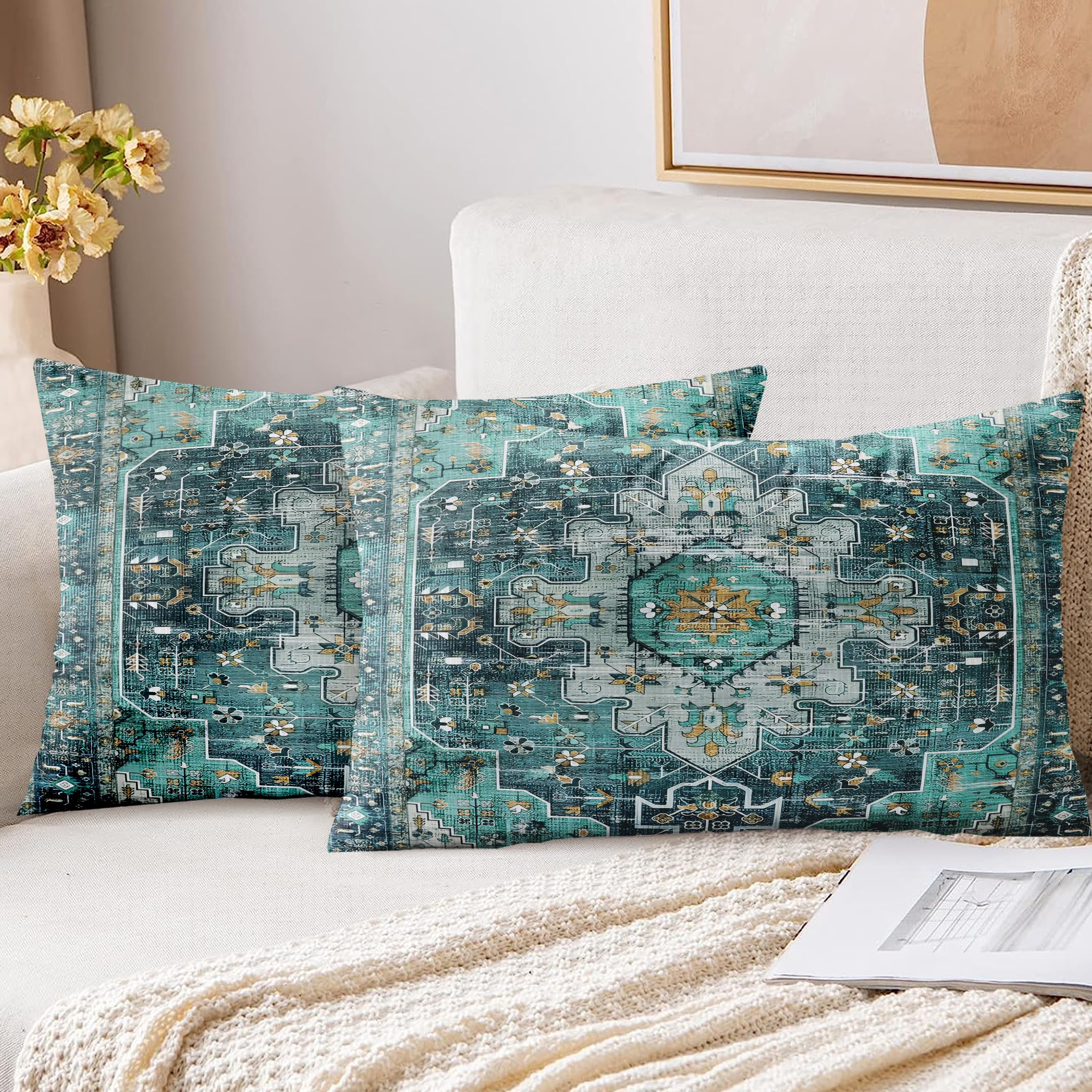 XPHZZL Cushion Covers 30cm x 50cm Set of 2 Soft Decorative Square Throw Pillow Case Boho Pillowcases for Sofa Bedroom Outdoor Home Office Car Decor with Invisible Zipper 12 x 20 Inch- Teal/Multi