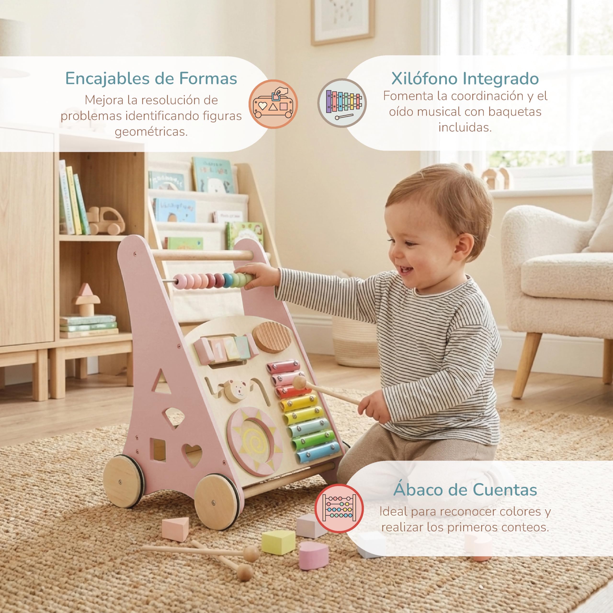 Buddy Baby Montessori- Wózek dziecięcy drewniany - Wózek biegowy do pierwszych kroków z zabawkami i zajęciami - Wózek spacerowy dla dziecka +12 miesięcy (Laponia/Róża)