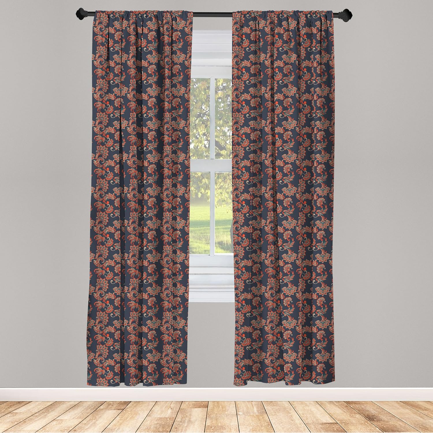 Ambesonne Ethnic Window Curtains, Oriental Image with Floral Swirls and Leaves Art Image, Lightweight Decor 2-Panel Set with Rod Pocket, Pair of - 28" x 95", Blue Grey