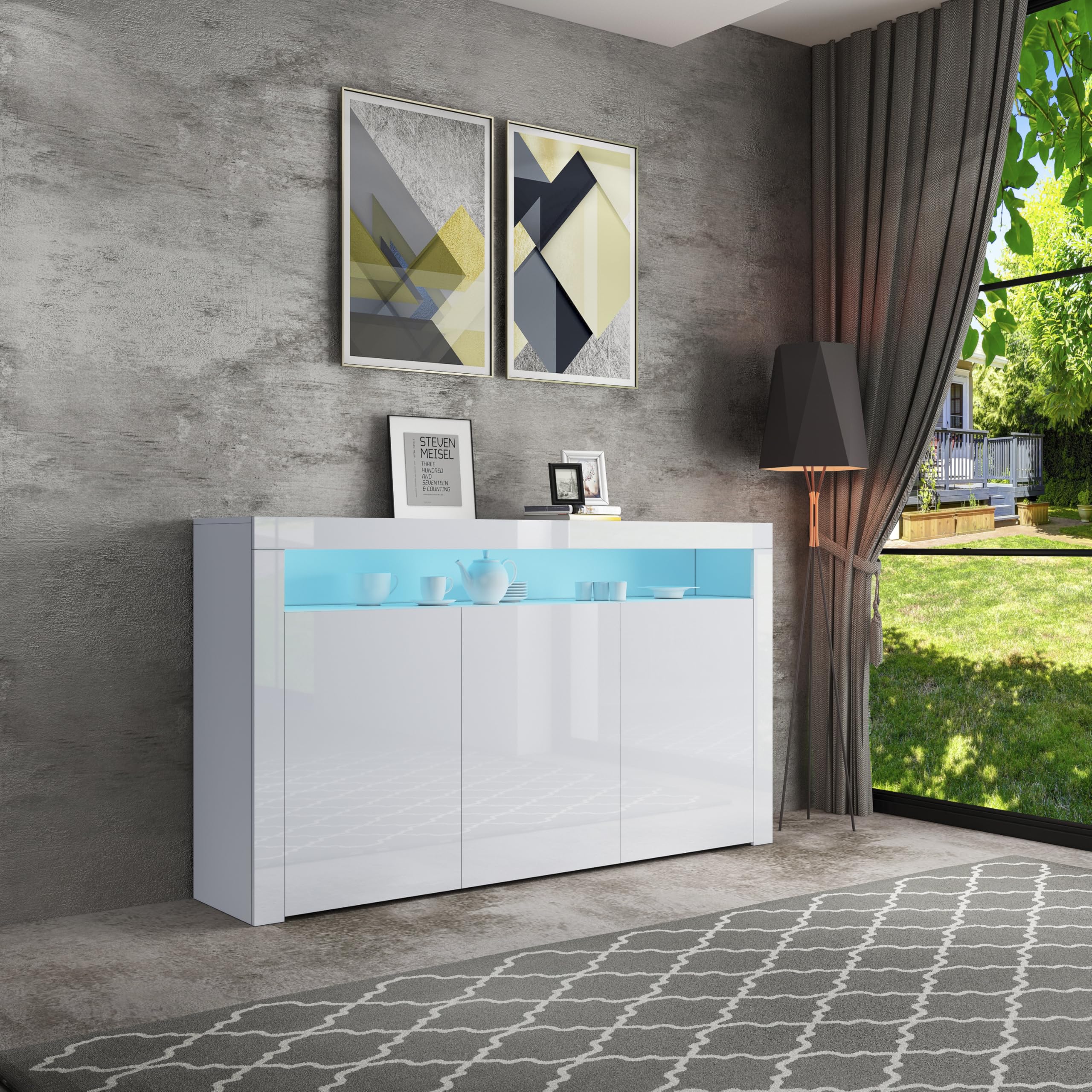 Senvoziii LED Sideboard Storage Cabinet Cupboard Unit 3 Doors with Open Case High Gloss TV Stand Unit for Dining Room Living Room (White)