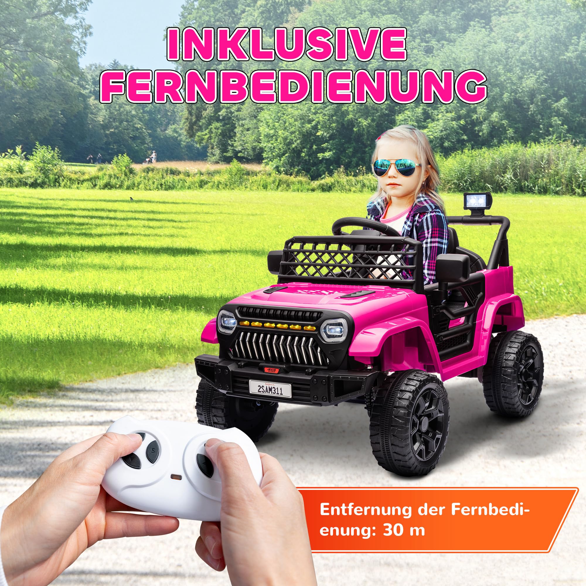 AIYAPLAY Kinder Elektroauto 12V 2,4 GHz Fernbedienung für 3-8 Jahre Rosa | Kinderauto Elektrisch, Hupe, LED Kinderfahrzeug, Musik, USB-Anschluss, Sanftstart, 4 Gefederten Rädern, Bis 5km/h