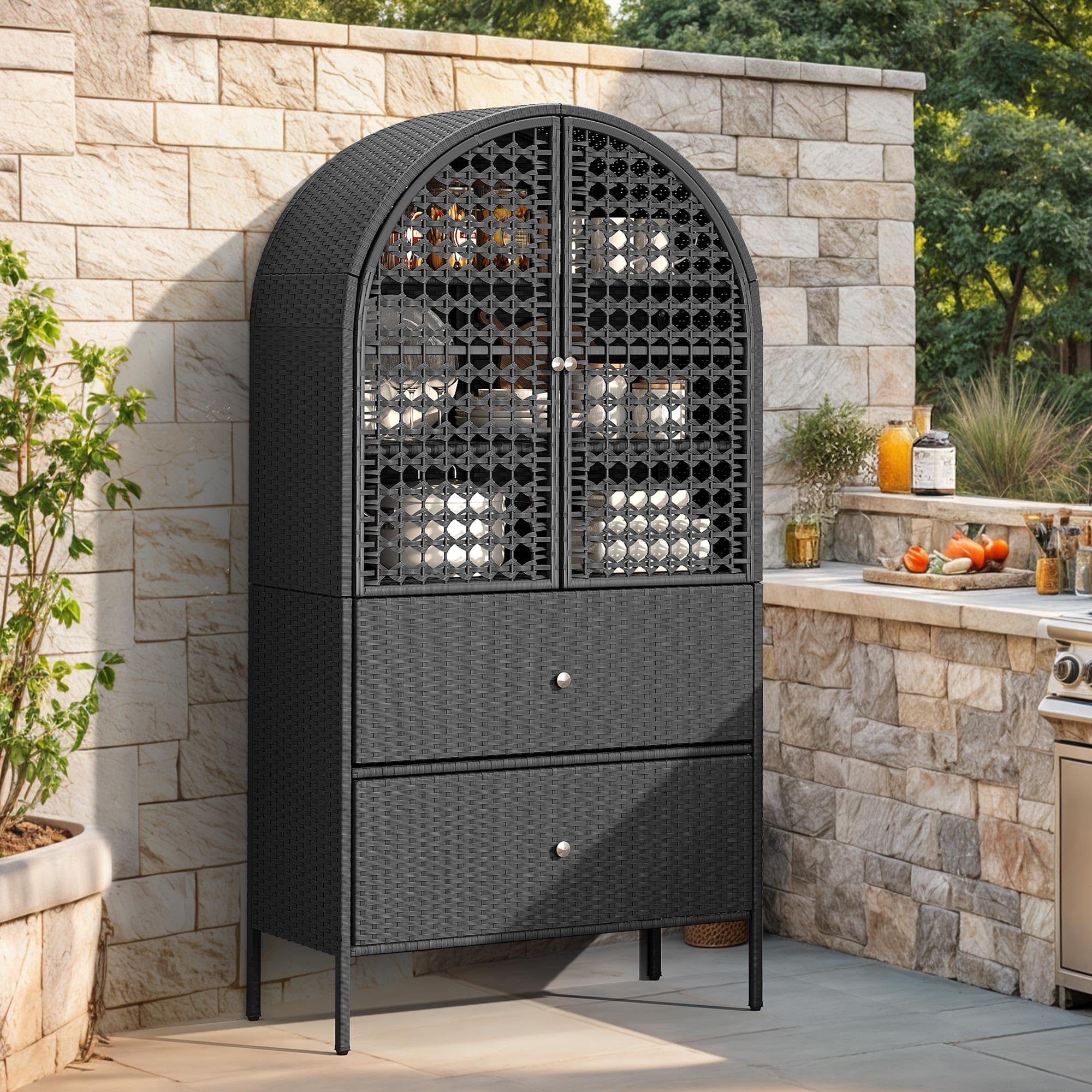 YITAHOME 65 Inch Outdoor Storage Shed, Arched Wicker Stand-Up Pantry with 3 Shelves & 2 Drawers, Rustic Storage Cabinet Patio Furniture for Backyard