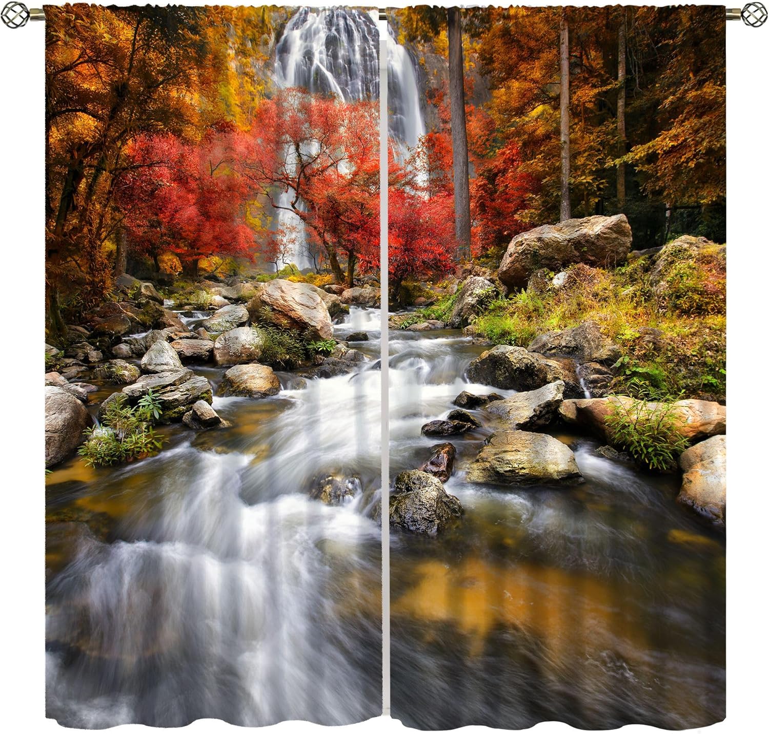 Natural Waterfall Curtains, Mountain Forest Landscape Waterfall Themed Window Treatments, Bedroom Living Room Kitchen Blackout Noise Reducing Curtains 21" W x 63" L