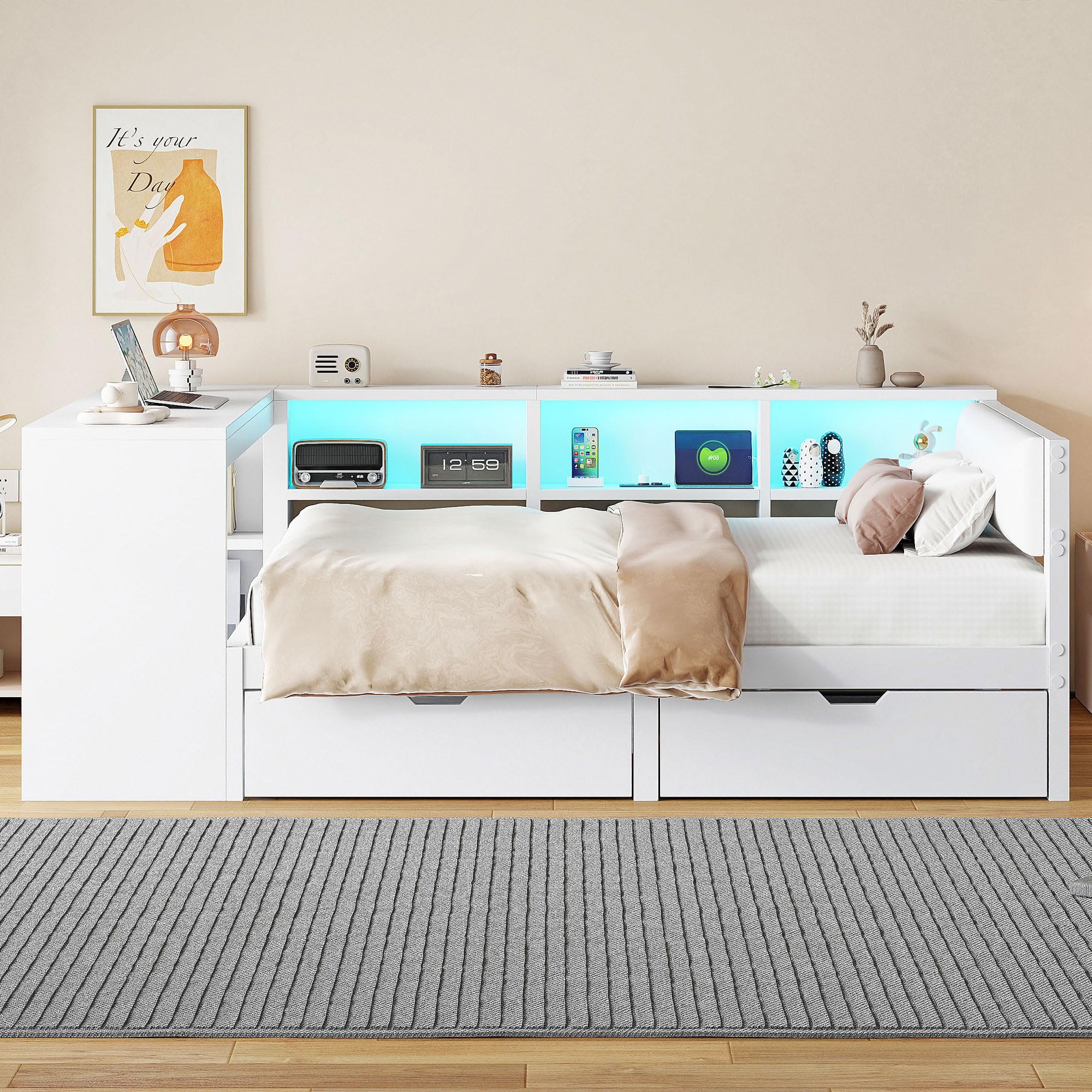 Tagesbett Doppelbett 140x200 cm mit LED Licht und USB, Schlafsofa Jugendbett Bett mit Stauraum und Schubladen, Holzbett Bettgestell mit Lattenrost und Schreibtisch, Weiß, Ohne Matratze