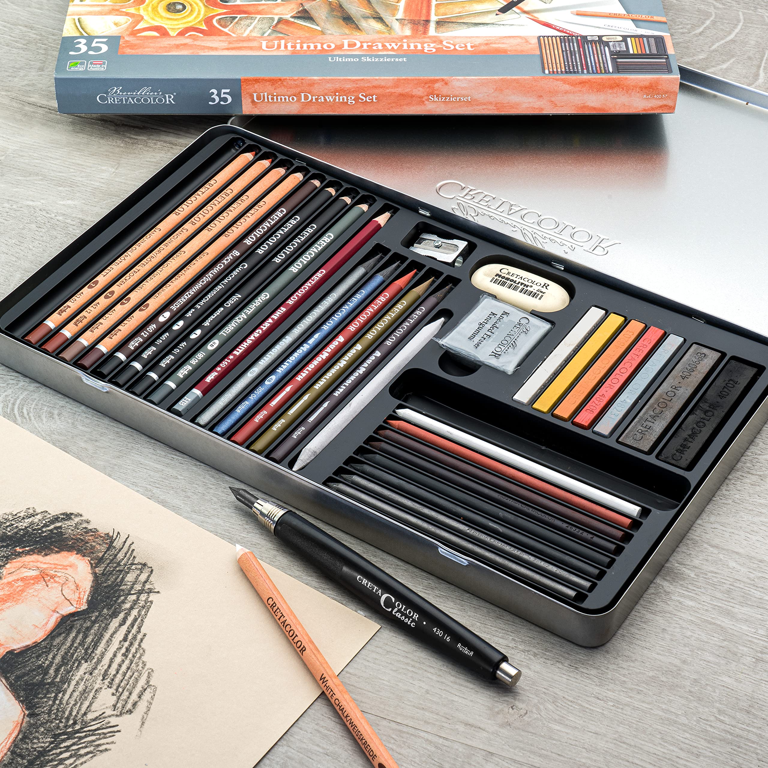 CRETACOLOR Ultimo, set da schizzo, 35 pezzi, set per artisti multifunzione, con gomma e temperino, diversi materiali da disegno