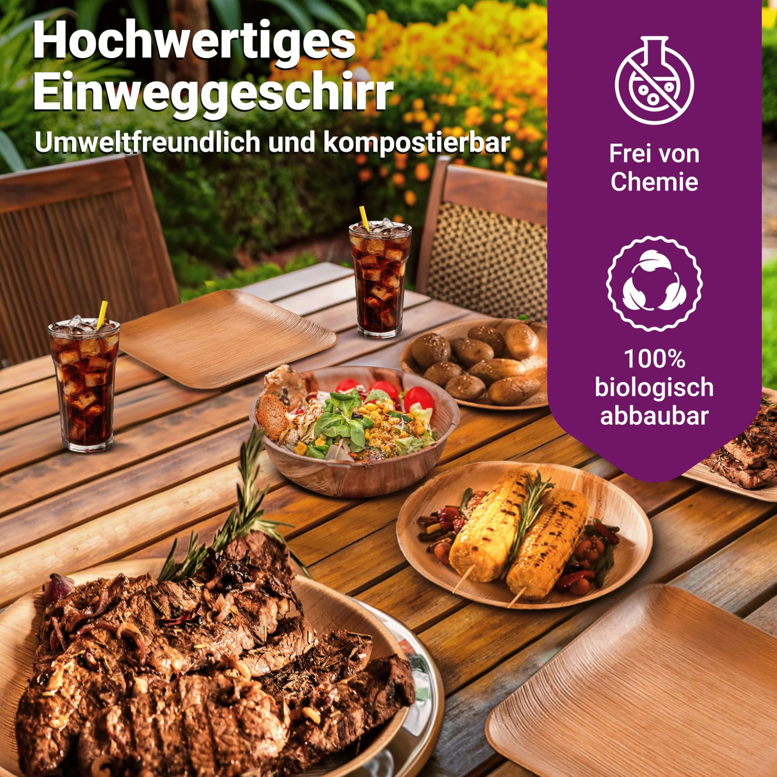Bio Palmblatt Teller - 50 Stück groß eckig 25x25 cm - Premium Einweggeschirr kompostierbar - Umweltfreundliches Palmblatt-Geschirr - ähnl. Bambusteller Einweg