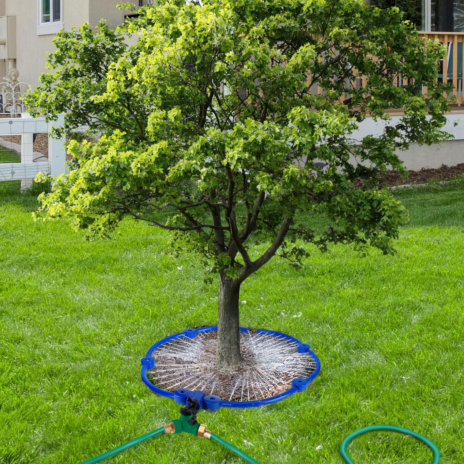 Aspersor de agua de árbol de 360°, anillo de riego ajustable de 55 pulgadas con separadores de manguera en Y, sistema de riego circular de raíces de árbol, fácil de usar para árboles nuevos al aire