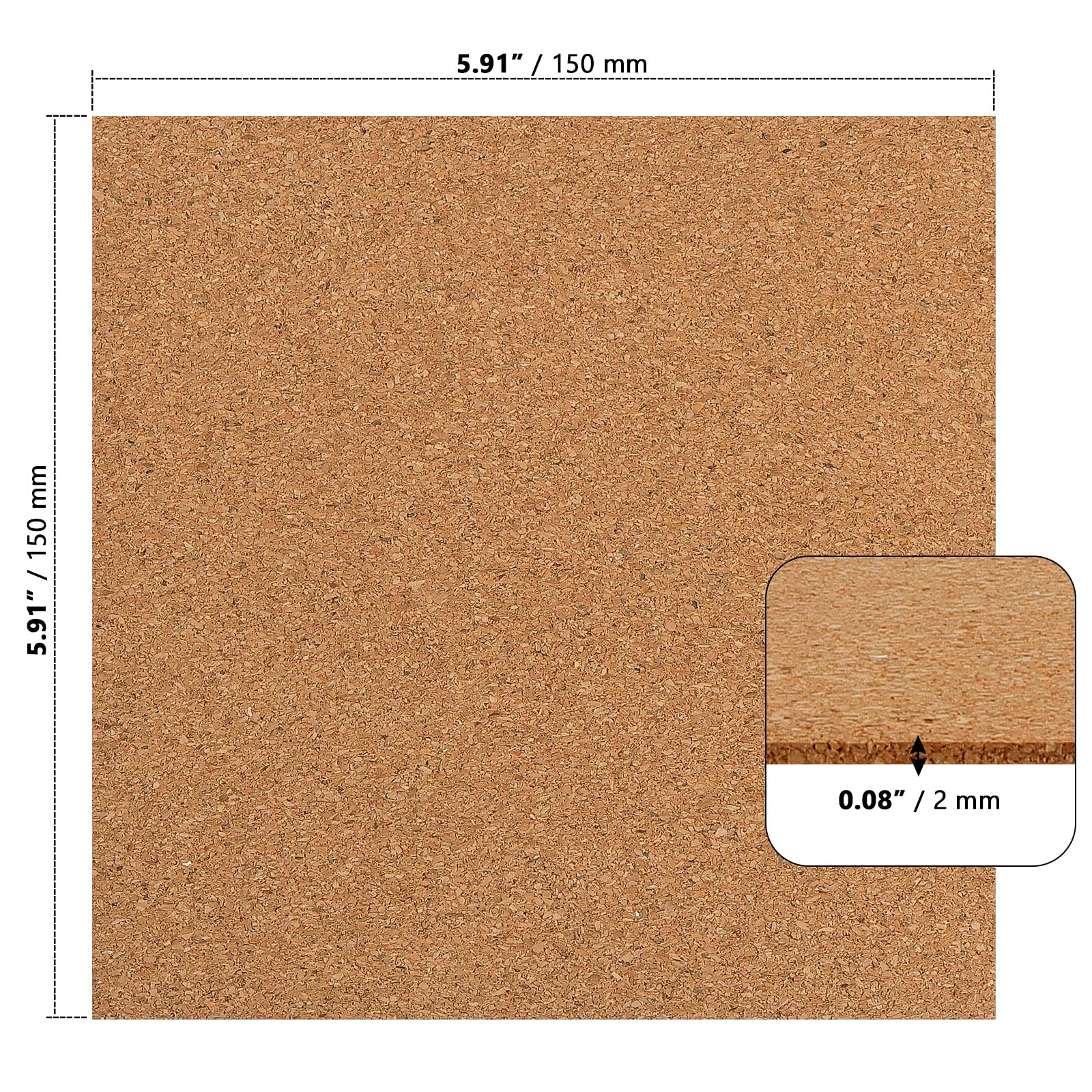 Lot de 36 carrés autocollants en liège de 15 x 15 cm, feuille arrière épaisseur 2 mm