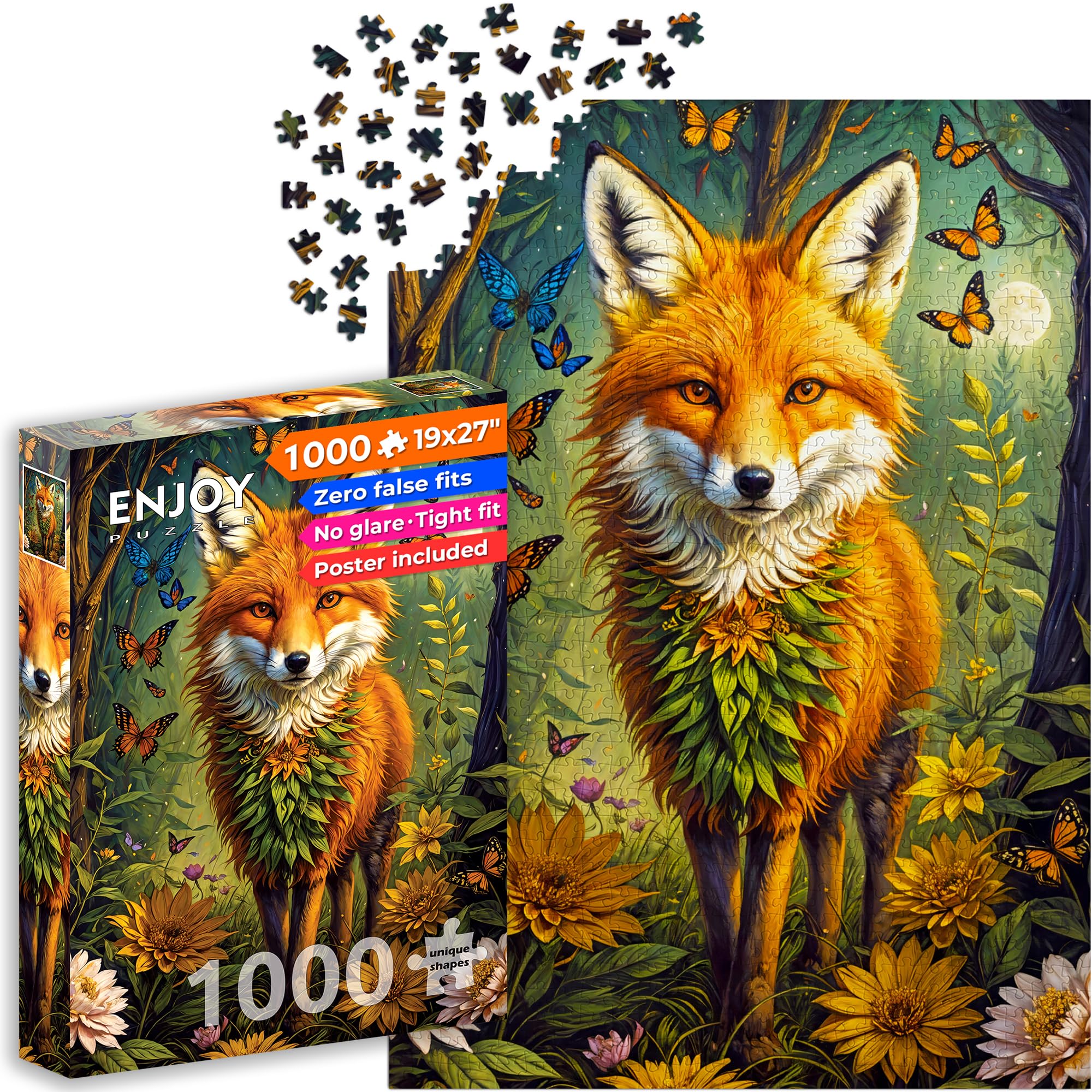 ENJOY Puzzle Magical Fox in Flower Fantasy Forest - Puzzle de 1000 pièces pour adultes - Finition mate, toucher doux, facile à assembler, ajustement serré, couleurs vives, service de pièces manquantes