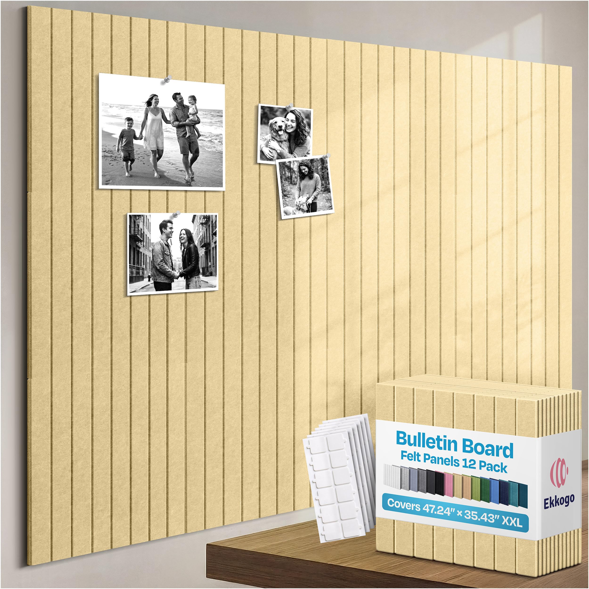 X-Large Cork Board Alternative 12-Pack Felt Bulletin Board Thick and Decorative Pin Board for Home Office Walls 47.24 x 35.43 Inches with 72 Adhesive Tabs - [Cancun Sand]