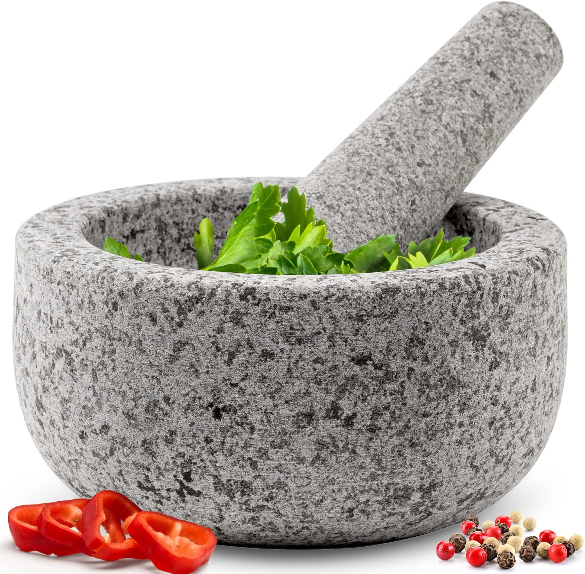 Heavy Duty Small Mortar and Pestle Set, Hand Carved from Natural Granite, Make Fresh Guacamole, Salsa, Pesto, Stone Grinder Bowl, Herb Crusher, Spice Grinder, 5.5" Wide, 1.5 Cup, Grey