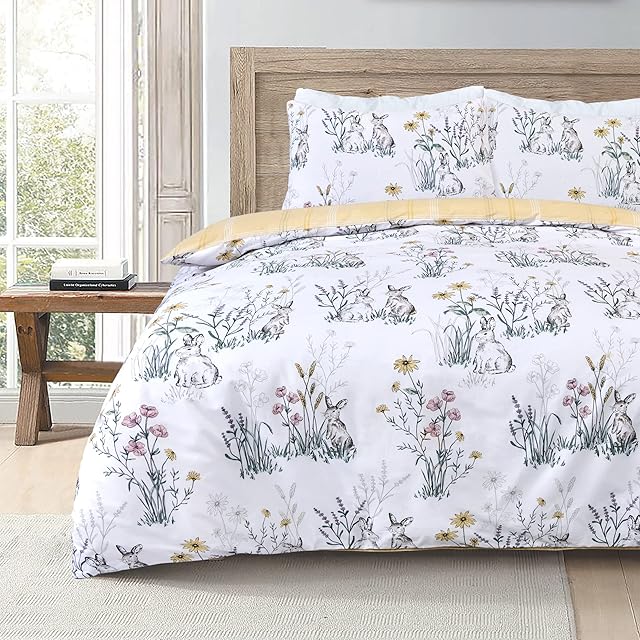 Sleepdown Rabbit Meadow Floral White Ochre Plaid Check Reversible Duvet Cover Quilt Pillow Case Bedding Set Soft Easy Care - Single (135cm x 200cm)