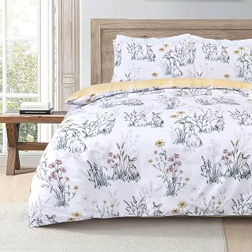 Sleepdown Rabbit Meadow Floral White Ochre Plaid Check Reversible Duvet Cover Quilt Pillow Cases Bedding Set Soft Easy Care - King 230cm x 220cm