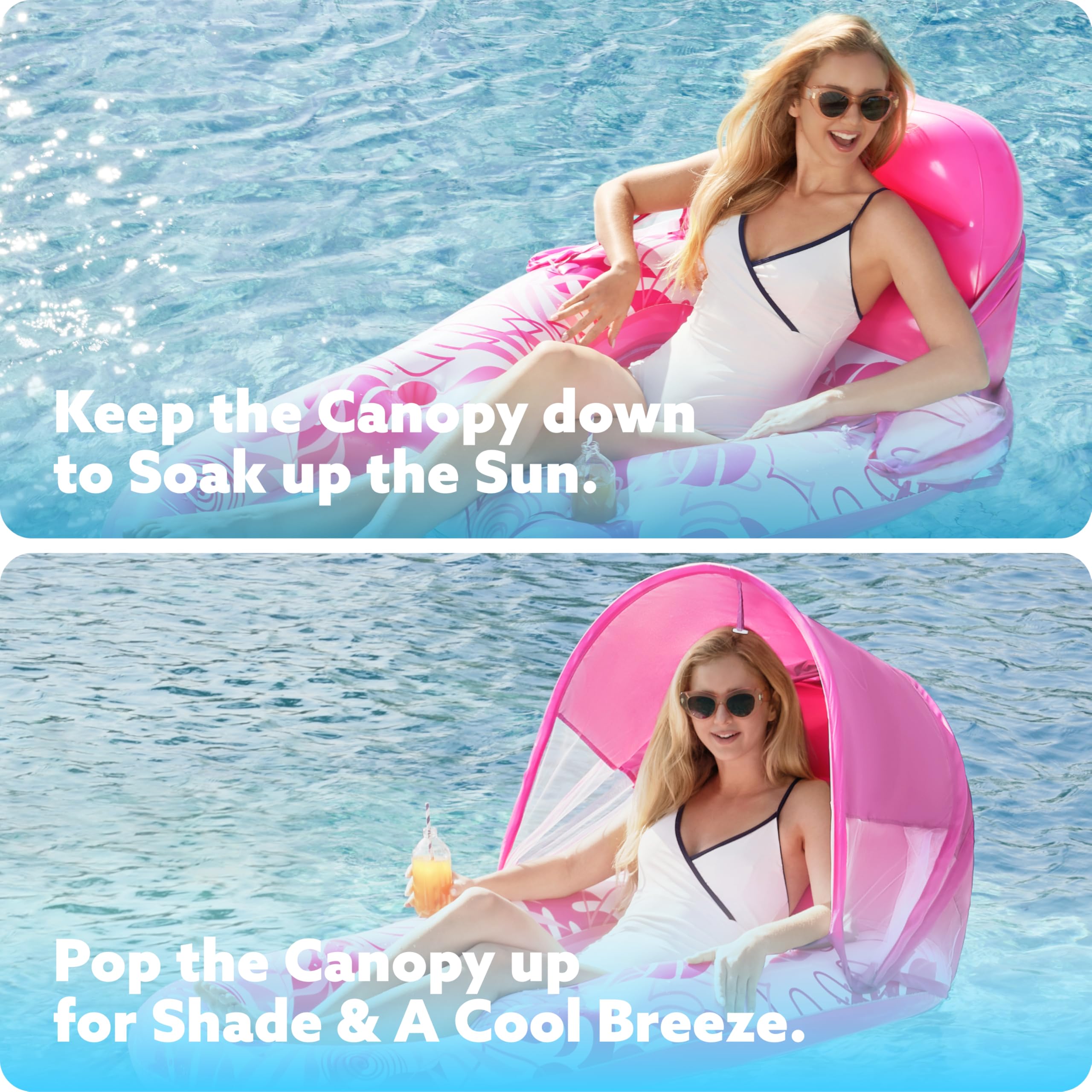 SLOOSH Inflatable Pool Floats Lounger Adult, Pool Lounger with Canopy Pool Raft Water Floating Recliner Chair with Cup Holders, Pink - Image 4