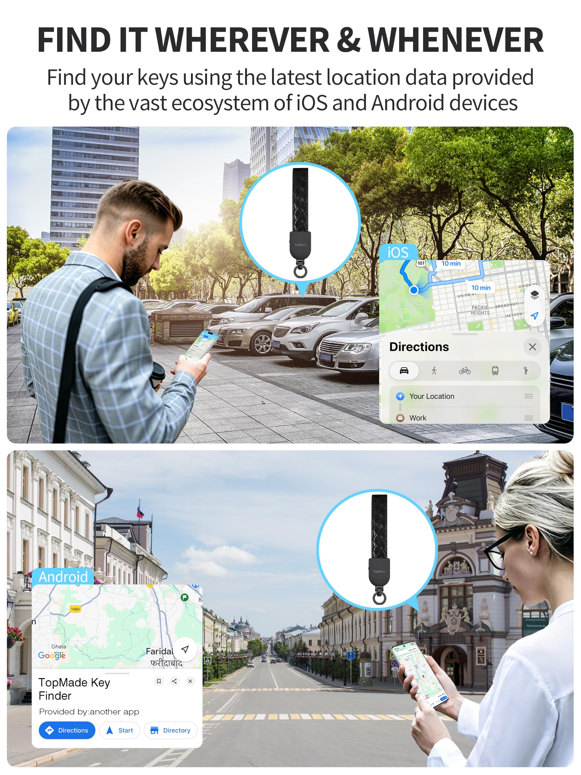 TopMade Porte-clés anti-perte, fonctionne avec Apple Find My et Google Find Hub, porte-clés de voiture en cuir de qualité supérieure, rechargeable, localisateur de clés Bluetooth, étanche IP67, noir