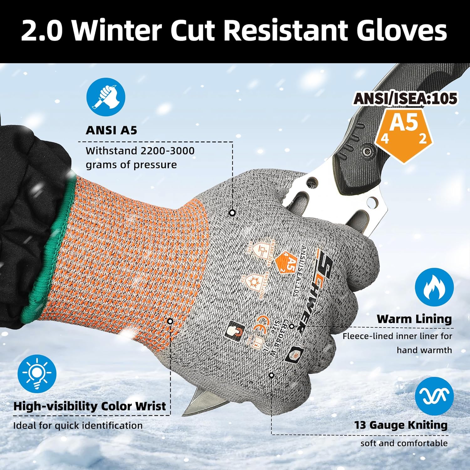 Schwer 12 Pairs Winter Work Gloves, ANSI A5 Cut Resistant Gloves with PU Coating, Freezer Glove for Outdoor Cold Weather, Thermal Insulated, Non Slip, Durable, L, CR3088-W - Image 2