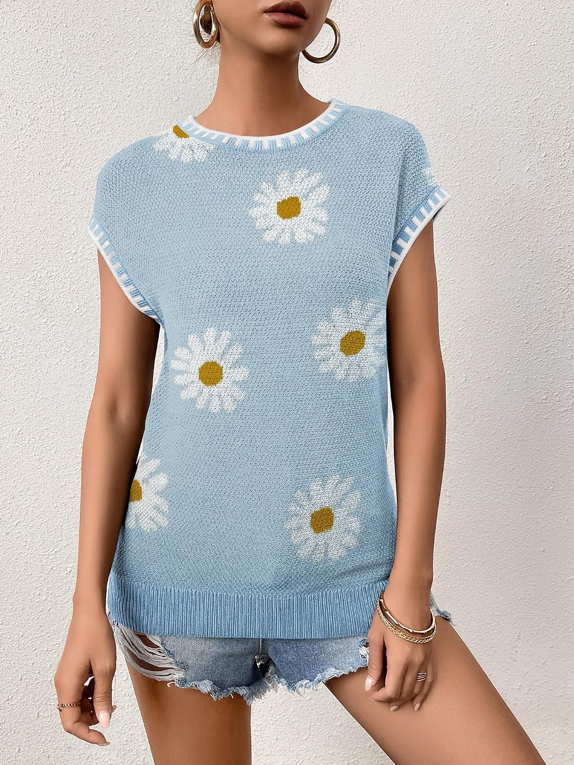 Cap Sleeve Sweater Tops for Women 2026 Knit Summer Sleeveless Tank Vest | Slim Fit, Trendy Color Block, Soft, Skin-Friendly, Strechy, Lightweight, Breathable, Casual Daily Wear