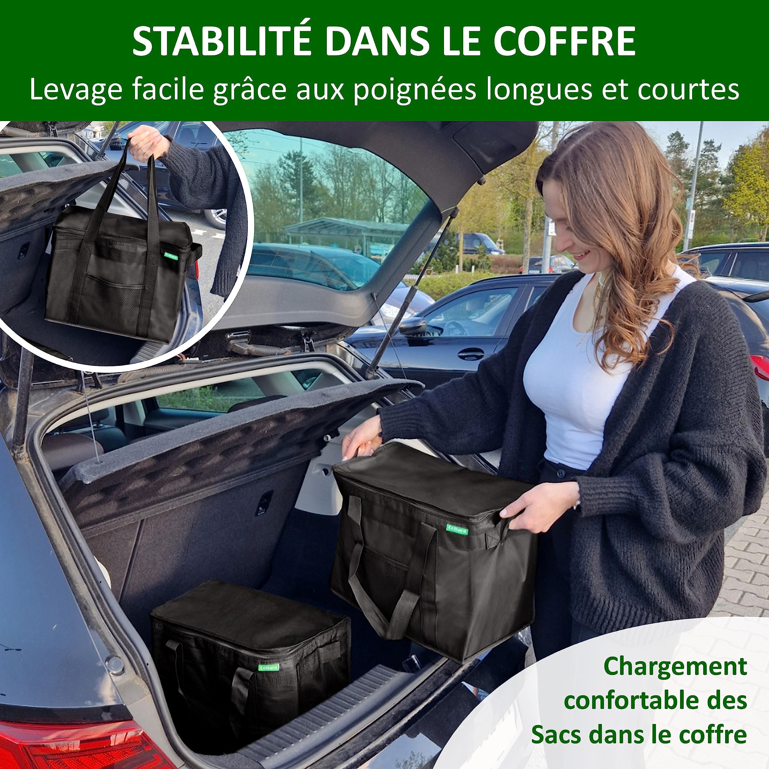 COTTARA Lot de 2 sacs isothermes pliables de qualité supérieure - Grand sac de courses avec fond renforcé - Idéal comme sac isotherme, panier de courses, sac de pique-nique - Noir 40 x 24 x 31 cm