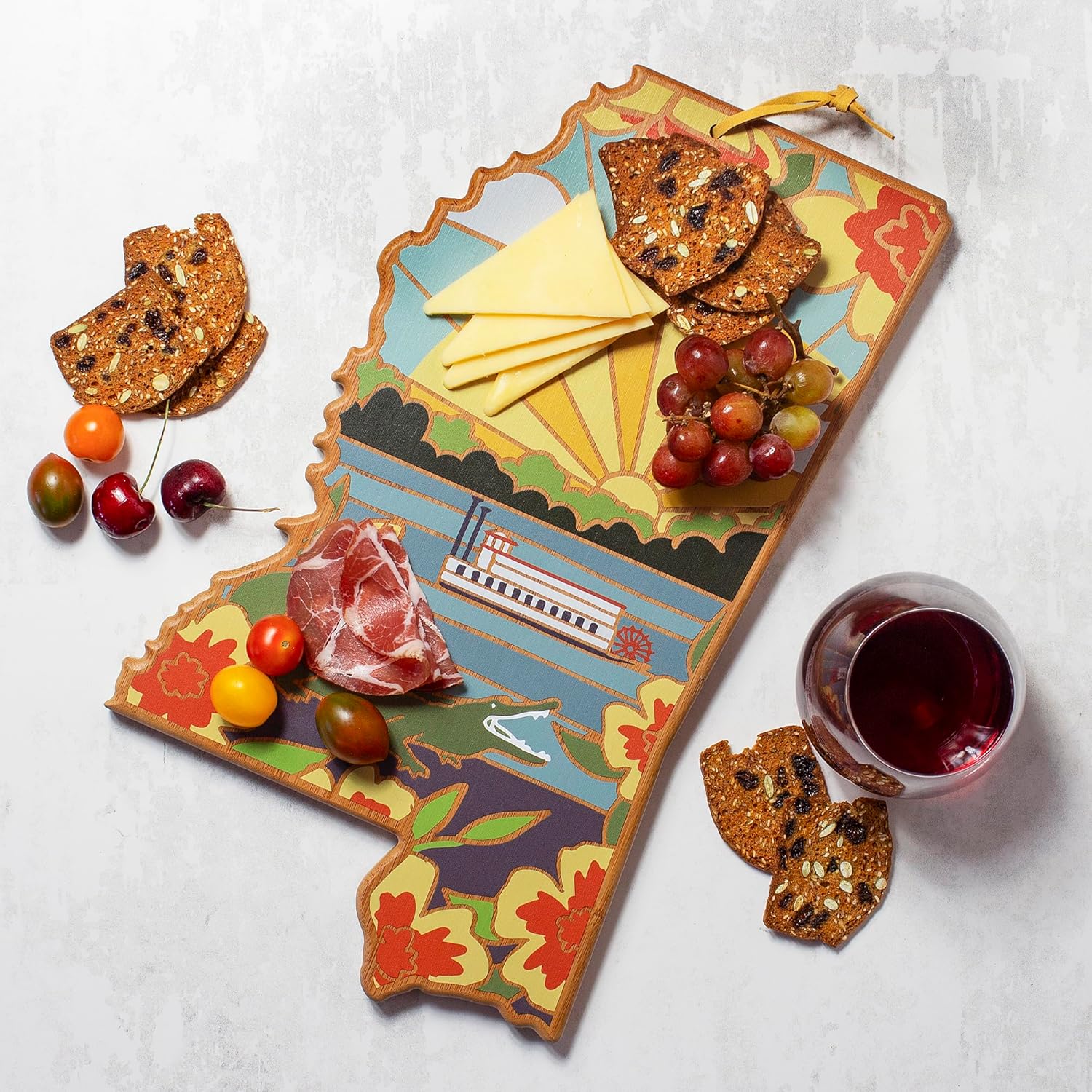 Totally Bamboo Mississippi State Shaped Cutting Board and Charcuterie Serving Platter with Artwork by Summer Stokes, Includes Hang Tie for Wall Display - Image 3