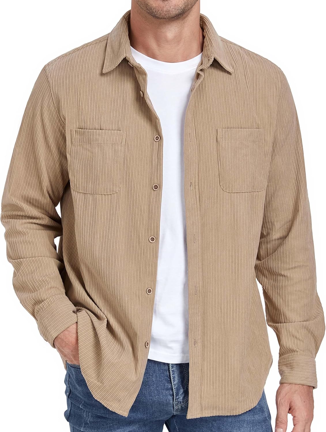 Men's Corduroy Shirt Jacket Casual Long Sleeve Button Down Shirts Lightweight Shacket Overshirts with Pockets - Image 2