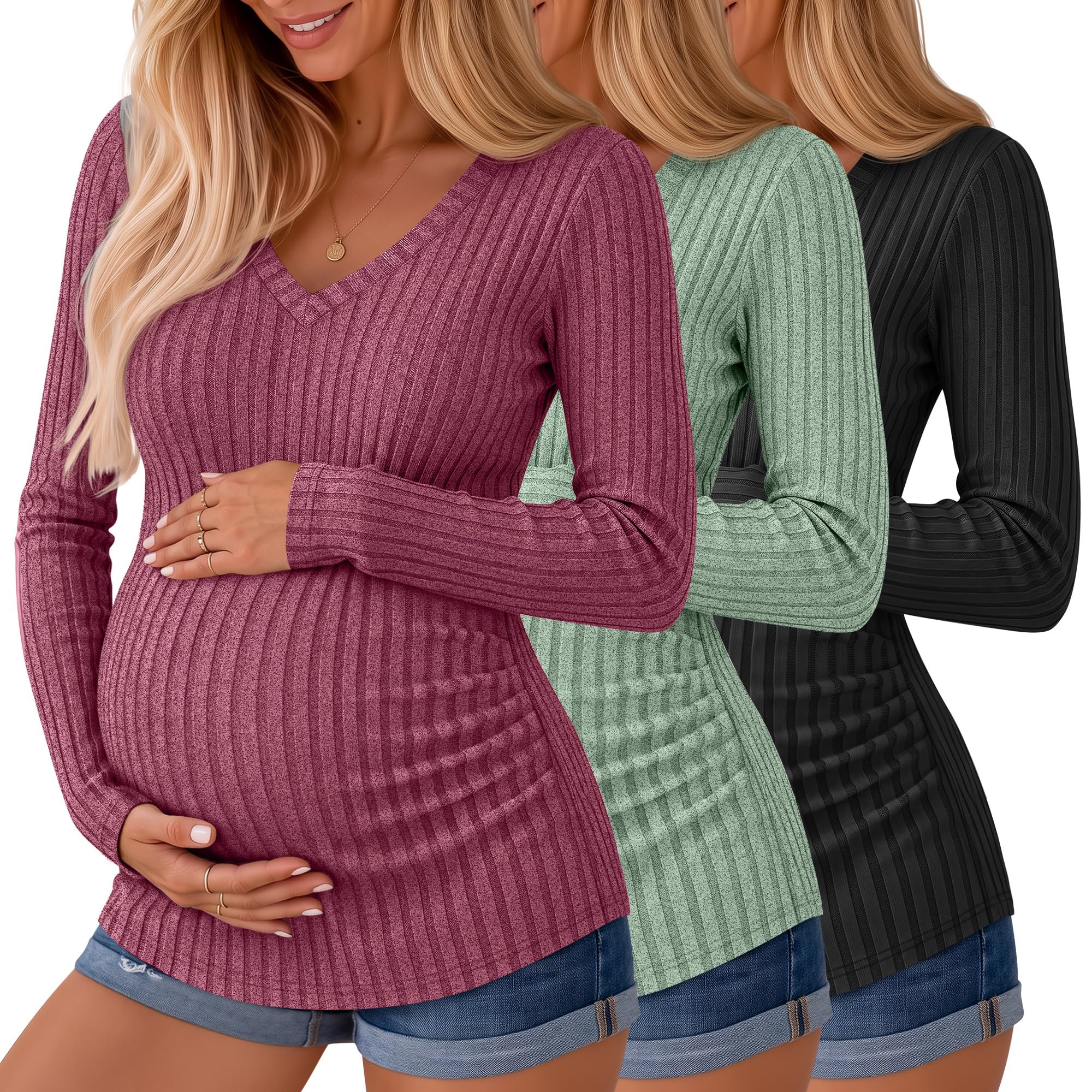 Ficerd 3 Pack Women Maternity Ribbed Long Sleeve Sweater Shirts
