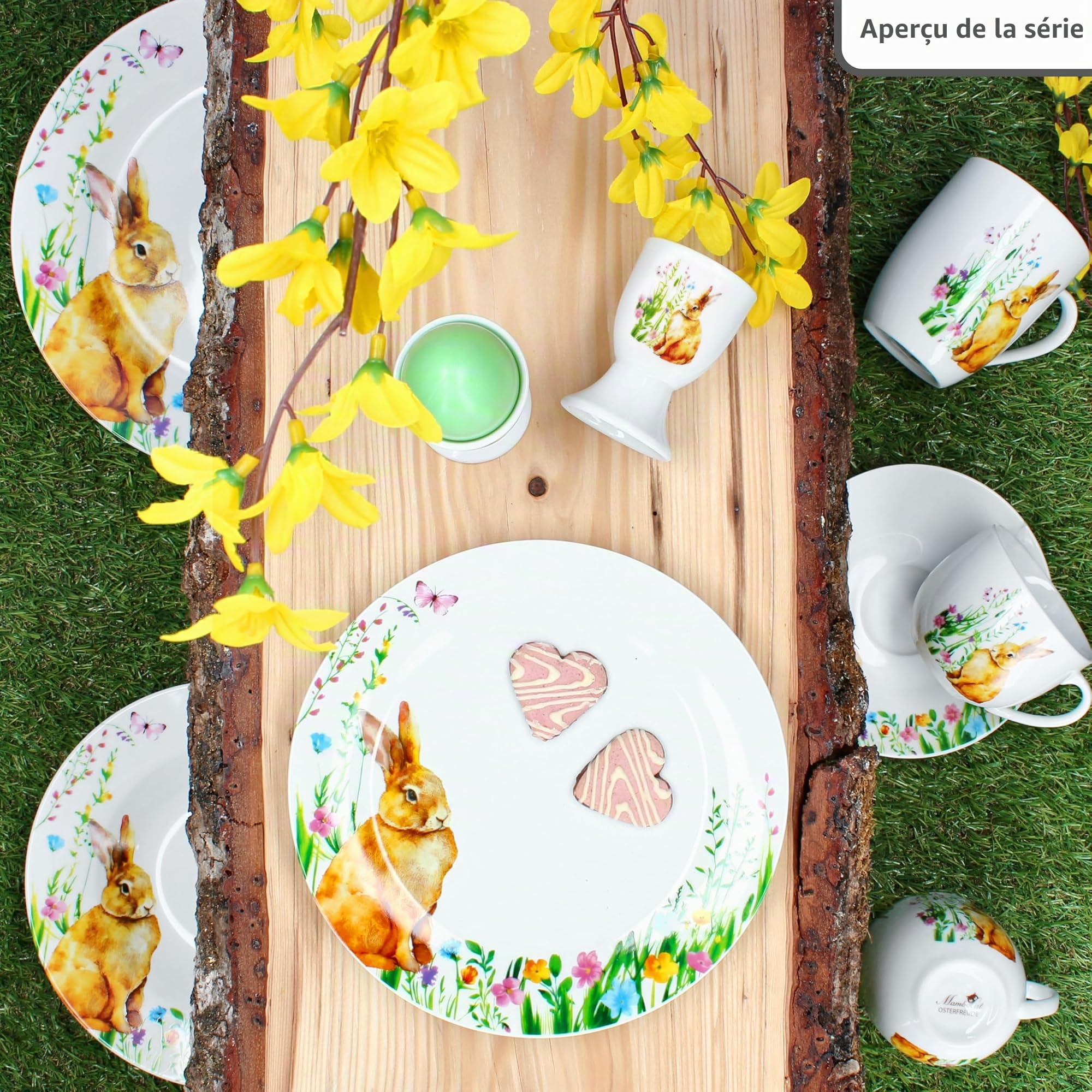 MamboCat Osterfreude Lot de 6 assiettes à gâteau I Diamètre 19,4 cm I Assiettes à petit-déjeuner en porcelaine printanier avec décor lapin de Pâques pour 6 personnes I Petites assiettes pour salade,