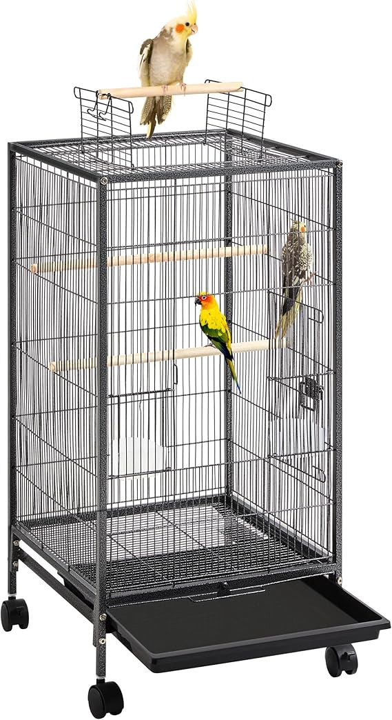 Vogelkooi Met Open Dak, Vogelvolière Met Houten Stangen En 360 Draaibare Wielen 2 Voederbakken En Lade Grote Ruimte Voor Vogels 45 5 X 45 5 X 100 5 Cm Hmtm Bc 10018 Black