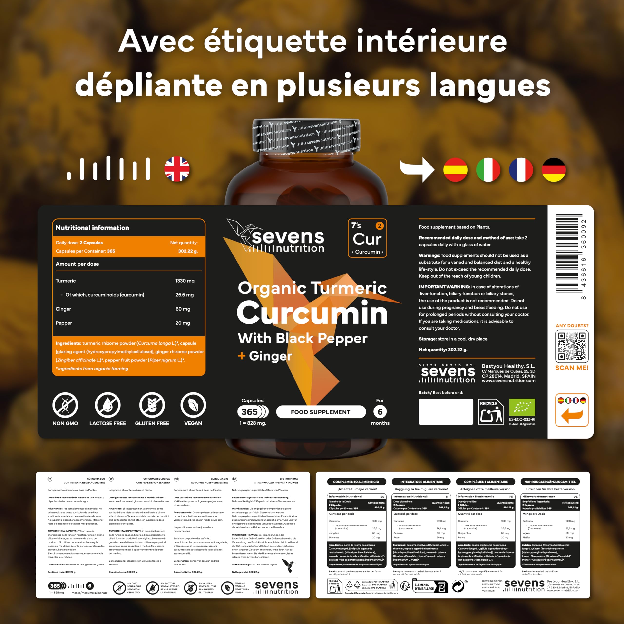 Curcuma Bio Gélule Anti Inflammatoire avec Gingembre et Poivre Noir – 1410 mg par Dose – 365 Gélules – Format XL Éco – Complément Articulations Os Vegan Naturel – Sevens