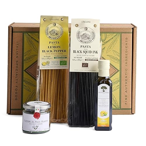 Bellina - Cesta de regalo italiana de 4 piezas con pasta de tinta de calamar, pasta de pimienta de limón, aceite de oliva virgen extra de limón y
