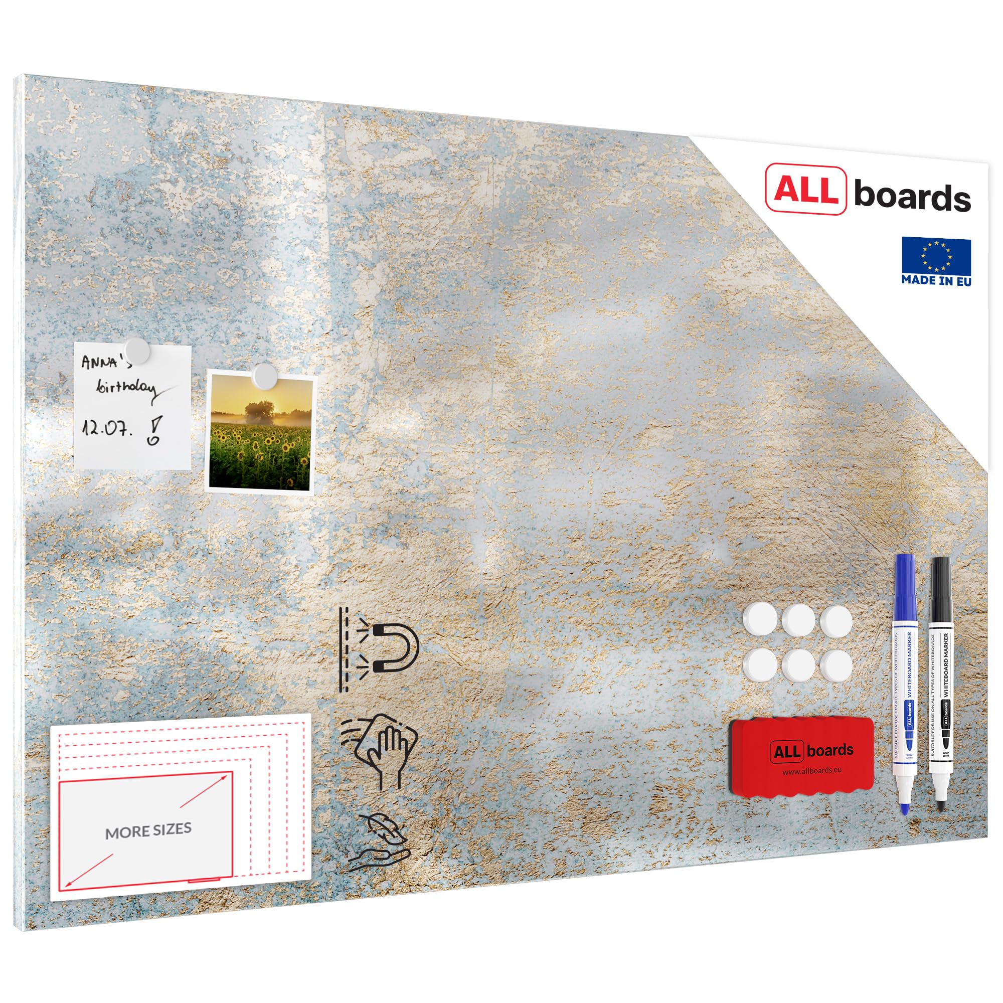 ALLboards Magnetic METALboards, Concrete and Gold 90×60 cm + a Set of Accessories Included