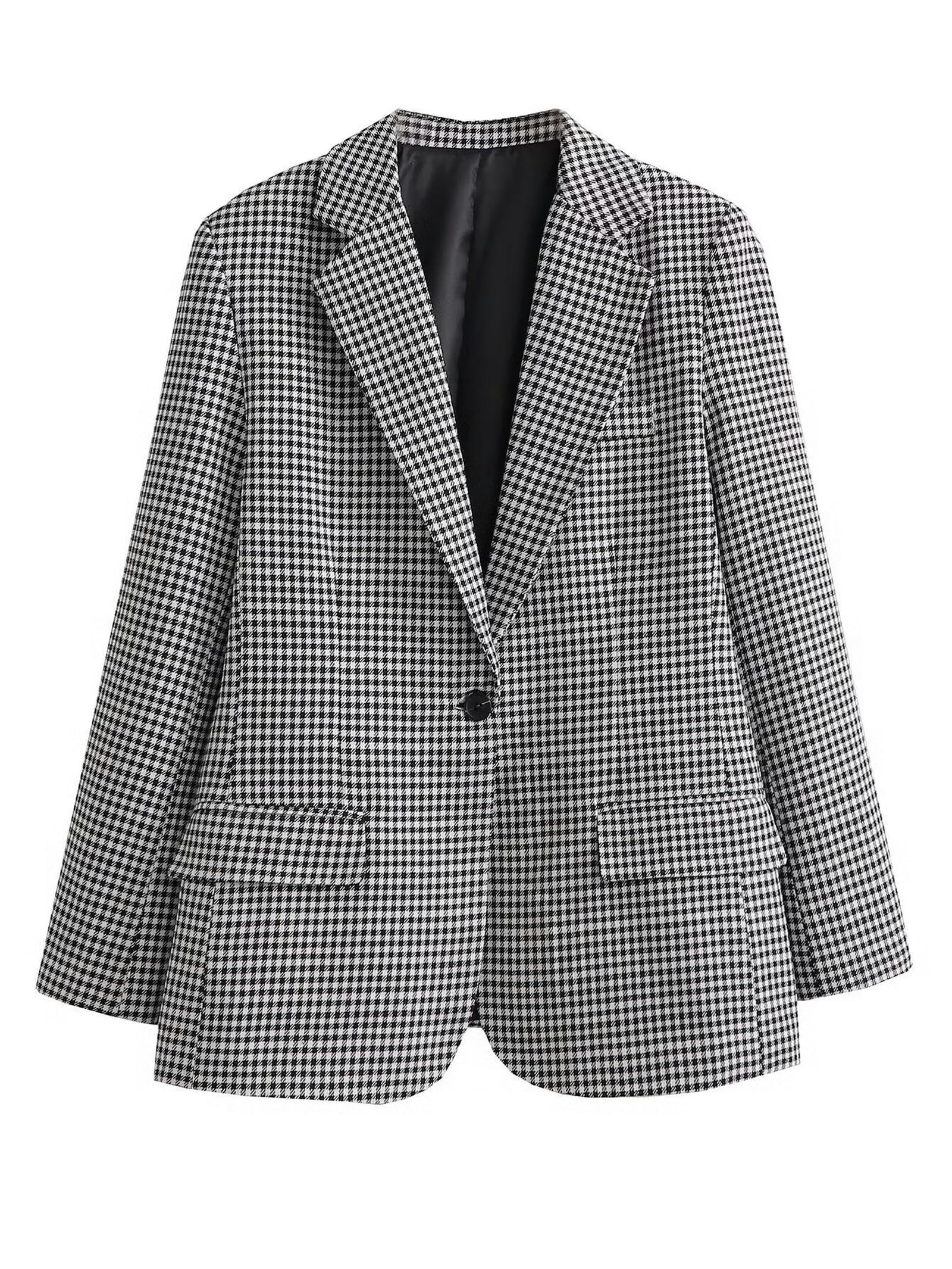 Damen Frühlingsneuheiten Lässige EIN-Knopf-Anzugjacke für Damen - Schwarz-Weiß-Kariert - L