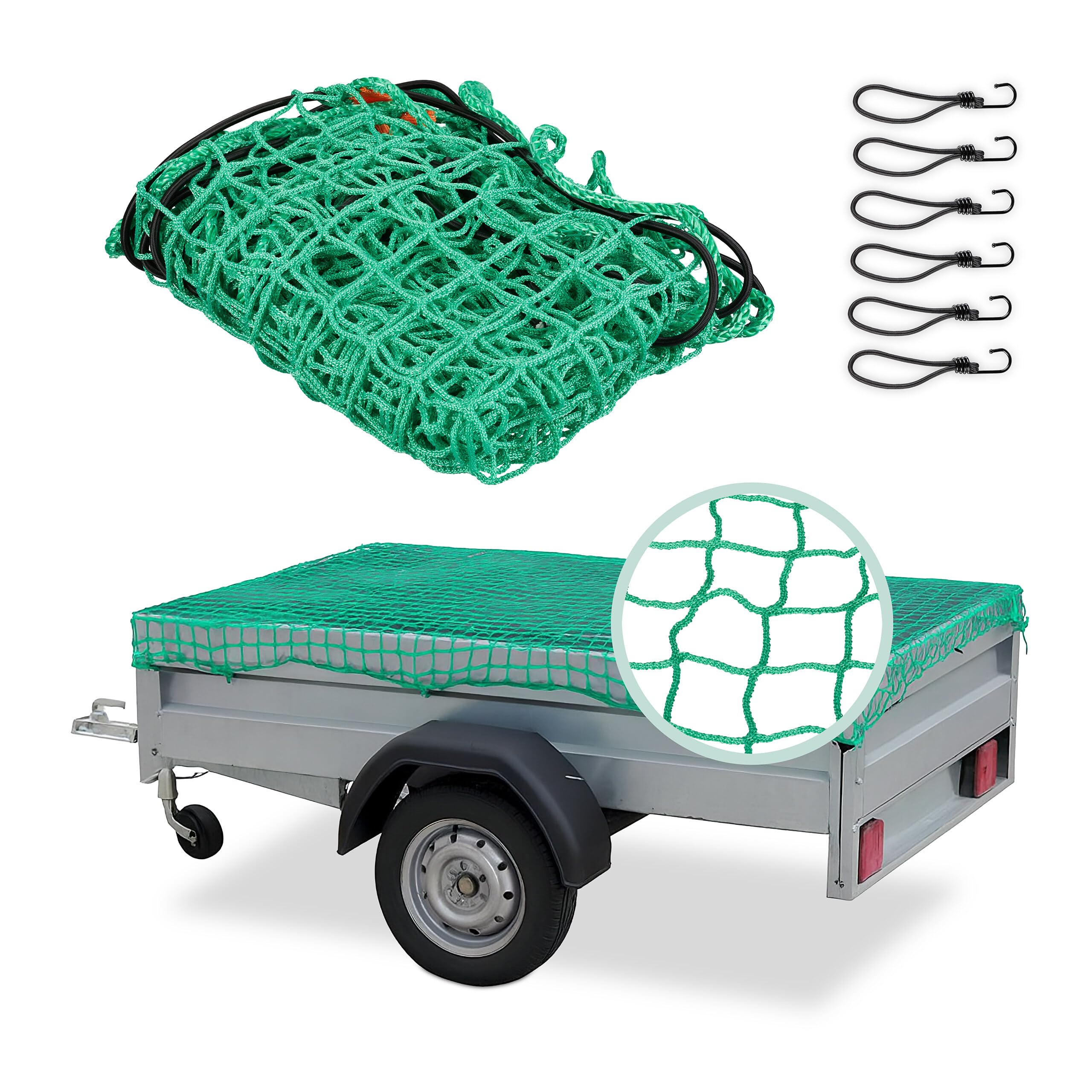 Relaxdays Filet remorque, 1,5 x 2,2 m, 6 Crochets, marquage des Coins, Corde Caoutchouc, sécurité pour Chargement, Vert