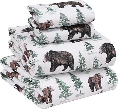 Ruvanti Flannel Sheets Queen Size - 100% Cotton Double Brushed Bed Sheets, Deep Pockets 16 Inches Queen Sheet Set, All Seasons Breathable & Extra Soft - Warm & Cozy, 4 Piece, Bear & Tree