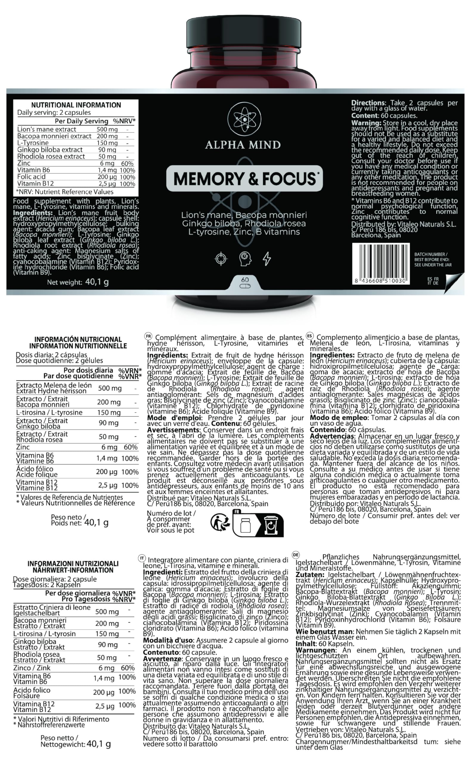 Nootropico Potente Naturale - Concentrazione, Memoria, Agilità Mentale - Con Lions mane, Ginkgo biloba, Bacopa Monnieri, Rhodiola Rosea, L Tirosina, Zinco, Vitamine B - Senza Caffeina