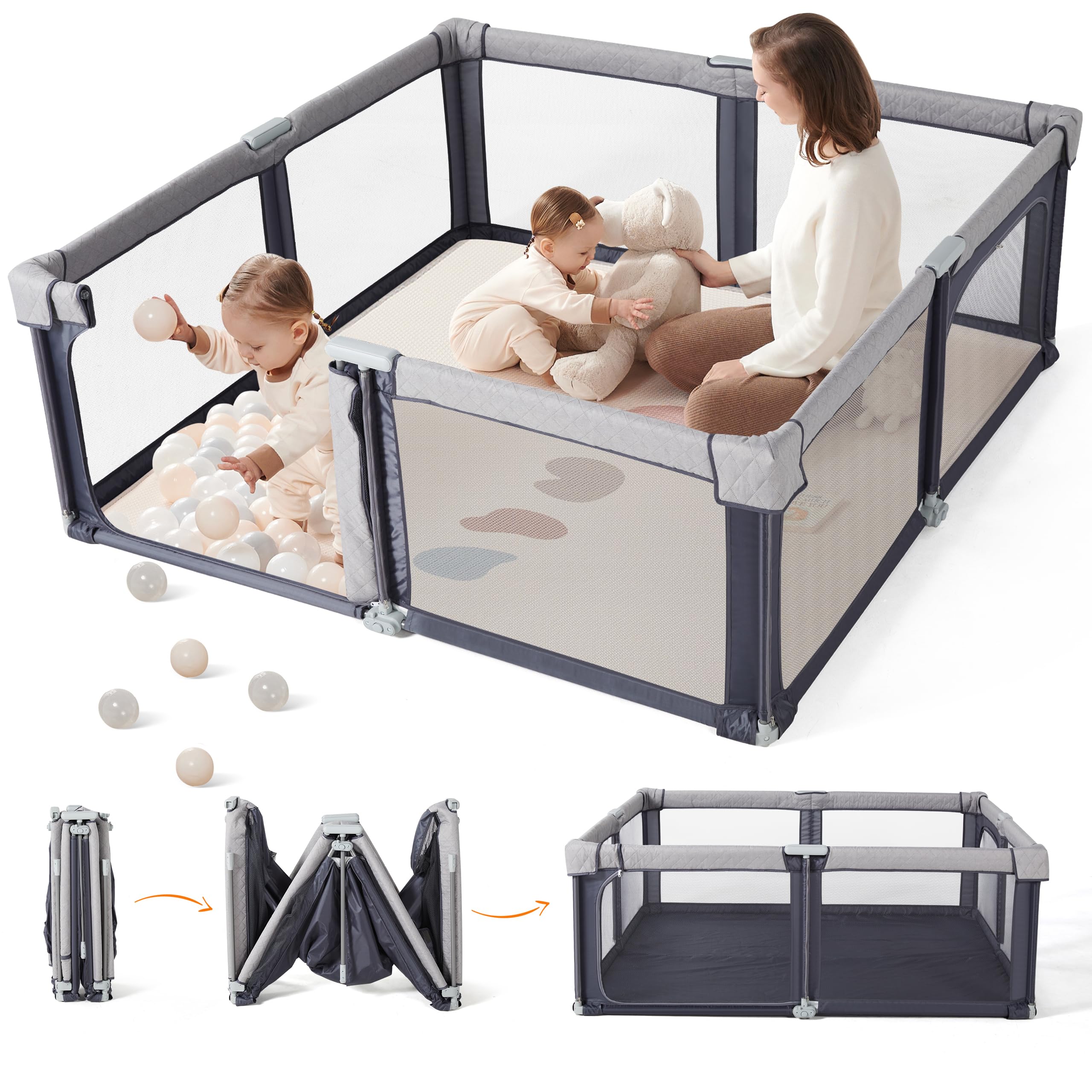 Sweeby Baby Laufstall, Faltbarer Spielhof, Extra Großer Babyzaun für Drinnen & Draußen, Sicherer Laufstall für Babys und Kleinkinder (Space Gray, 200 x 180 cm)