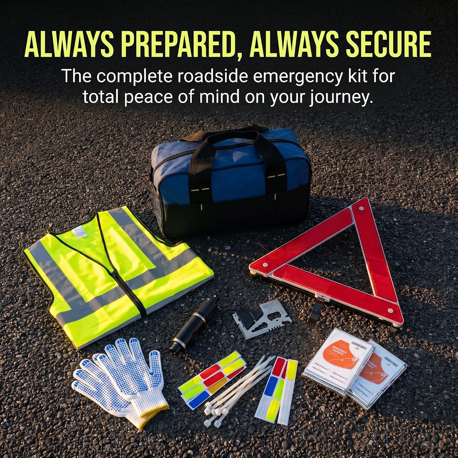 Roadside Assistance Emergency Kit,Vehicle Truck Car Safety Roadside Emergency Kit with Reflective Warning Triangle Tow Strap Reflective Vest etc